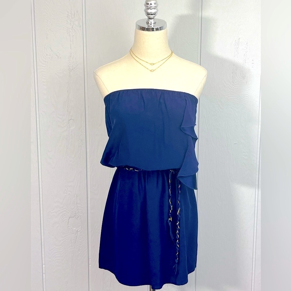 Karina Grimaldi - Silk Blouson Strapless Mini Dress Braided Gold Chain Belt XS - Picture 8 of 12